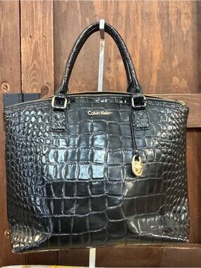 Calvin Klein Black Croc-Embossed Leather Tote